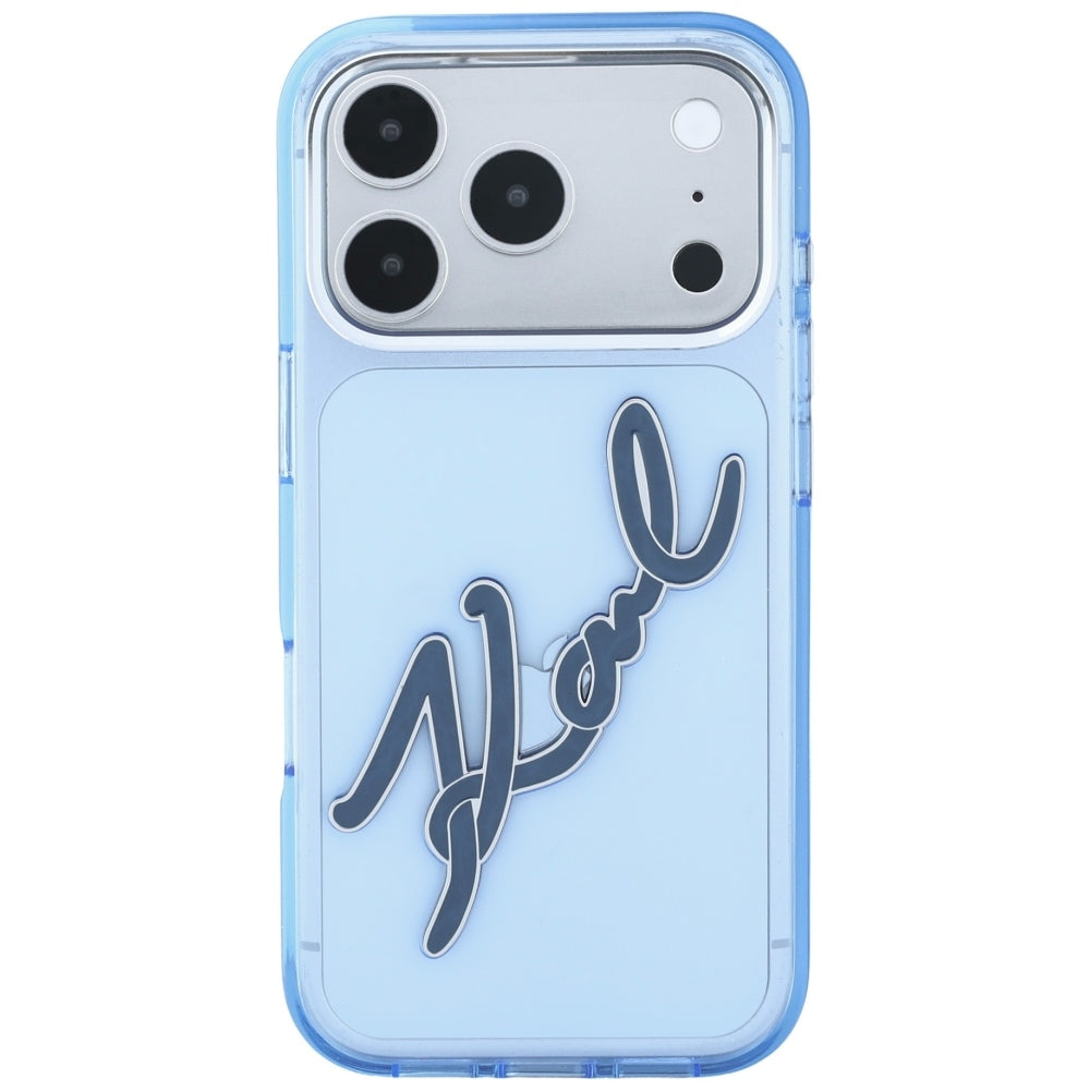 Калъф за Apple iPhone 18 Pro Max / 17 Pro Max, Karl Lagerfeld, IML Big Signature Resin Logo Metal Frame, Син