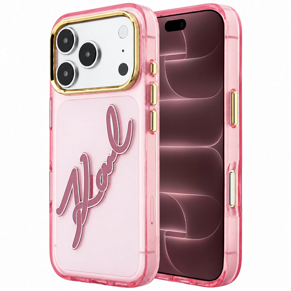 Калъф за Apple iPhone 18 Pro Max / 17 Pro Max, Karl Lagerfeld, IML Big Signature Resin Logo Metal Frame, Розов