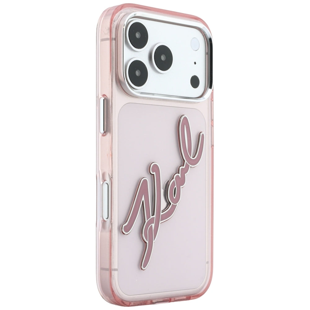 Калъф за Apple iPhone 18 Pro Max / 17 Pro Max, Karl Lagerfeld, IML Big Signature Resin Logo Metal Frame, Розов