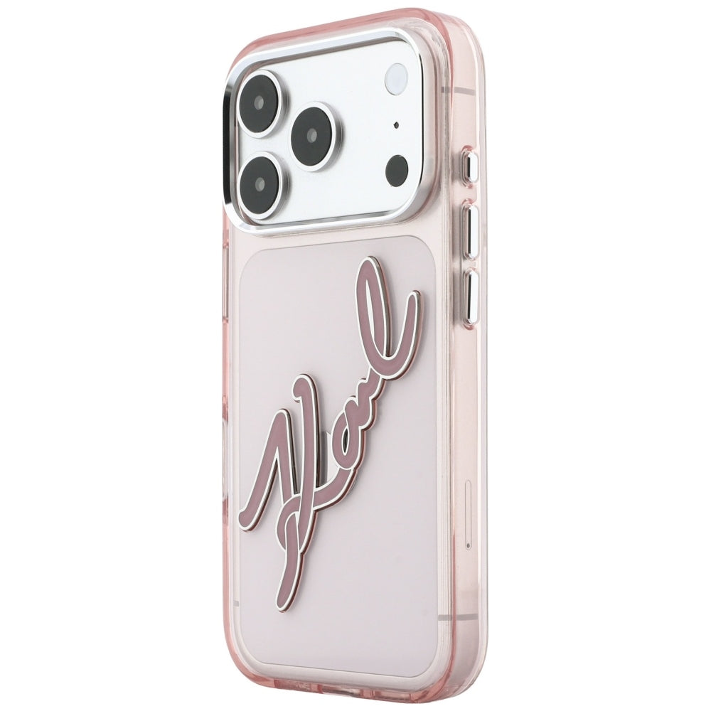 Калъф за Apple iPhone 18 Pro Max / 17 Pro Max, Karl Lagerfeld, IML Big Signature Resin Logo Metal Frame, Розов