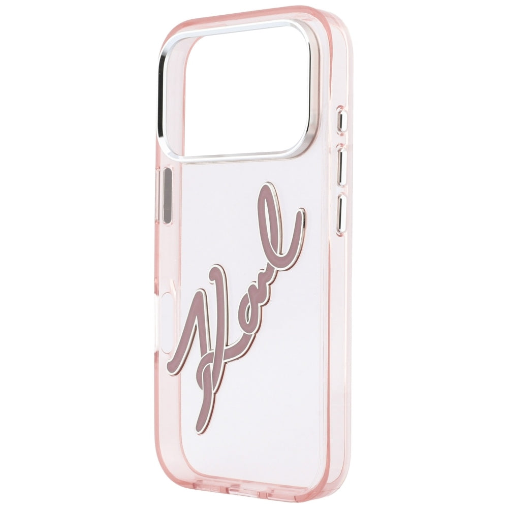 Калъф за Apple iPhone 18 Pro Max / 17 Pro Max, Karl Lagerfeld, IML Big Signature Resin Logo Metal Frame, Розов