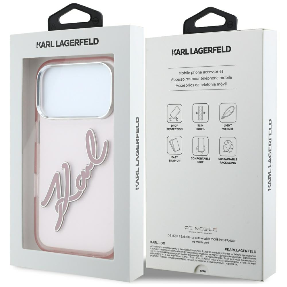 Калъф за Apple iPhone 18 Pro Max / 17 Pro Max, Karl Lagerfeld, IML Big Signature Resin Logo Metal Frame, Розов