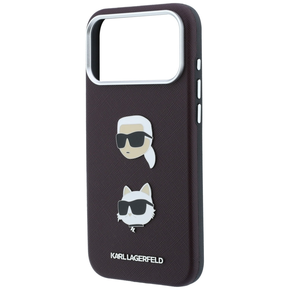 Case for Apple iPhone 18 Pro Max / 17 Pro Max, Karl Lagerfeld, Saffiano with Karl & Choupette Head's Pin and Logo, Burgundy