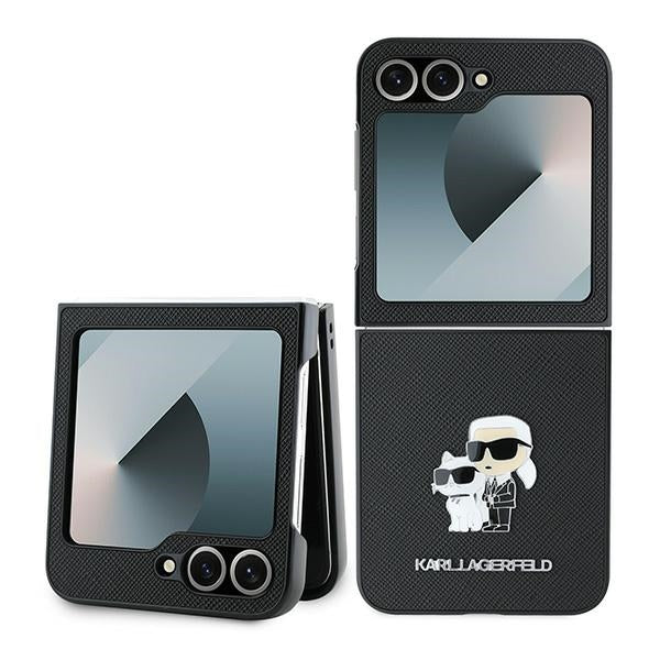 Калъф за Samsung Galaxy Z Flip7 FE F761 / Z Flip6 F741, Karl Lagerfeld, Saffiano Karl & Choupette Metal, Черен
