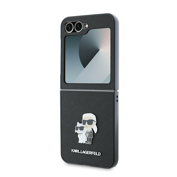 Калъф за Samsung Galaxy Z Flip7 FE F761 / Z Flip6 F741, Karl Lagerfeld, Saffiano Karl & Choupette Metal, Черен