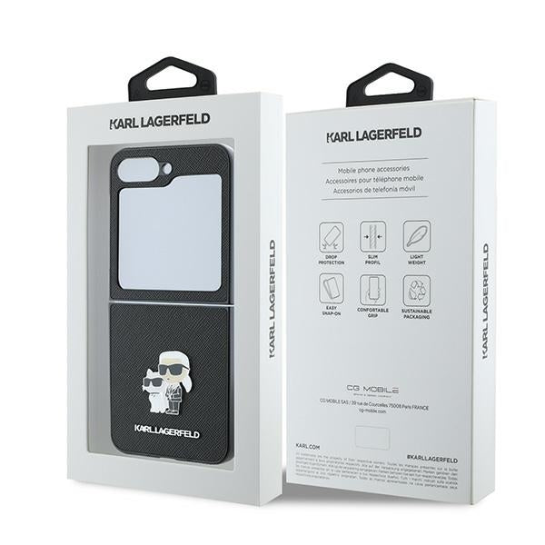 Калъф за Samsung Galaxy Z Flip7 FE F761 / Z Flip6 F741, Karl Lagerfeld, Saffiano Karl & Choupette Metal, Черен