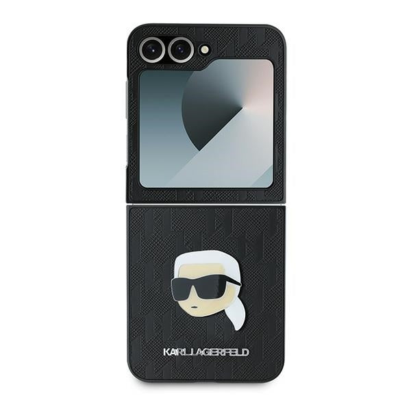 Калъф за Samsung Galaxy Z Flip7 FE F761 / Z Flip6 F741, Karl Lagerfeld, Saffiano Monogram Karl's Head Metal, Черен