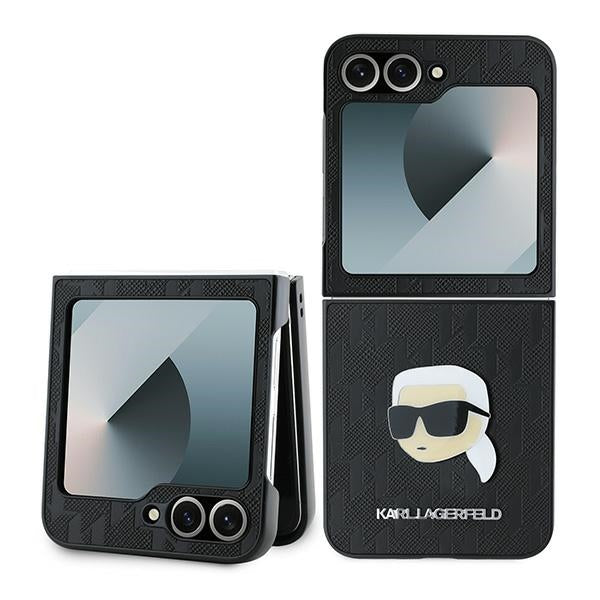 Калъф за Samsung Galaxy Z Flip7 FE F761 / Z Flip6 F741, Karl Lagerfeld, Saffiano Monogram Karl's Head Metal, Черен