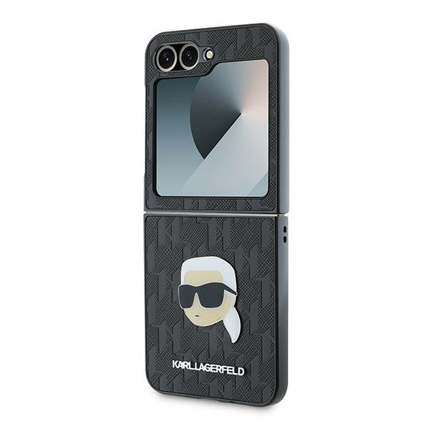 Калъф за Samsung Galaxy Z Flip7 FE F761 / Z Flip6 F741, Karl Lagerfeld, Saffiano Monogram Karl's Head Metal, Черен