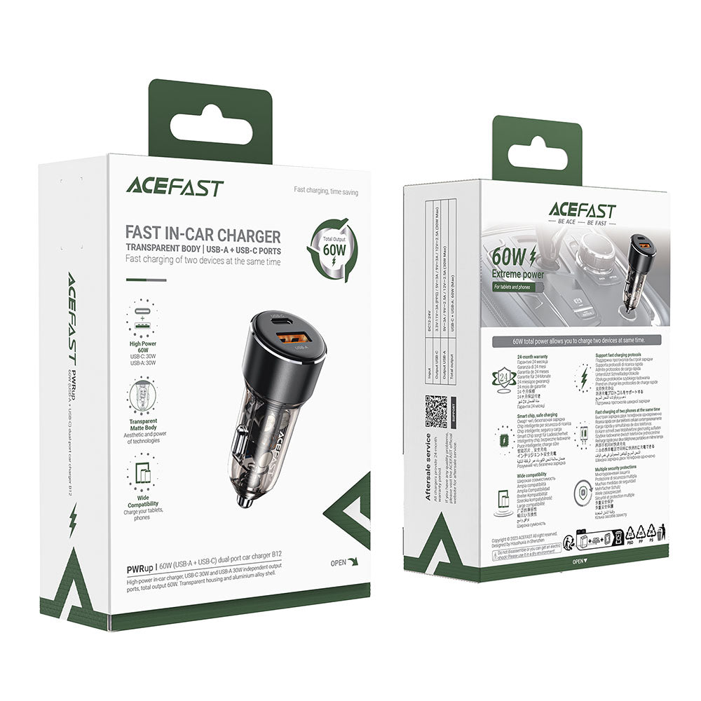 Автомобилен заряден уред Acefast B12, 60W, 3A, 1 x USB-A - 1 x USB-C, Черен