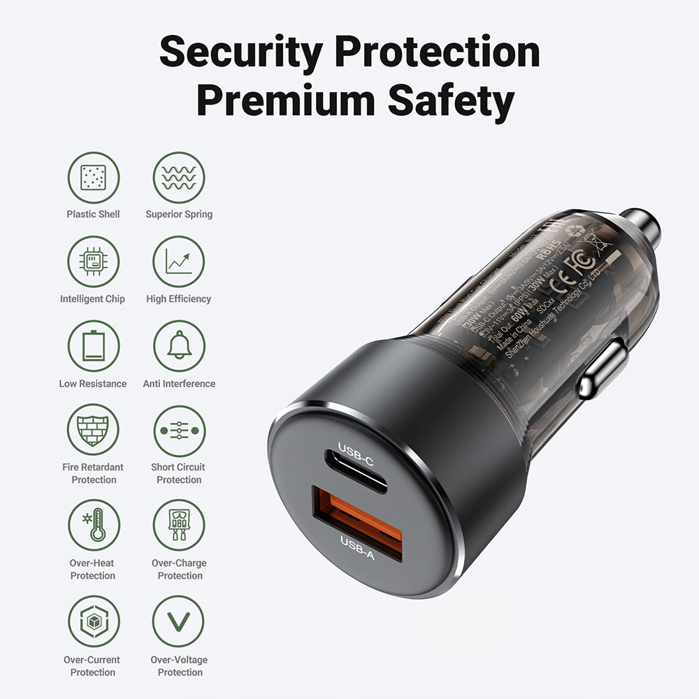 Автомобилен заряден уред Acefast B12, 60W, 3A, 1 x USB-A - 1 x USB-C, Черен