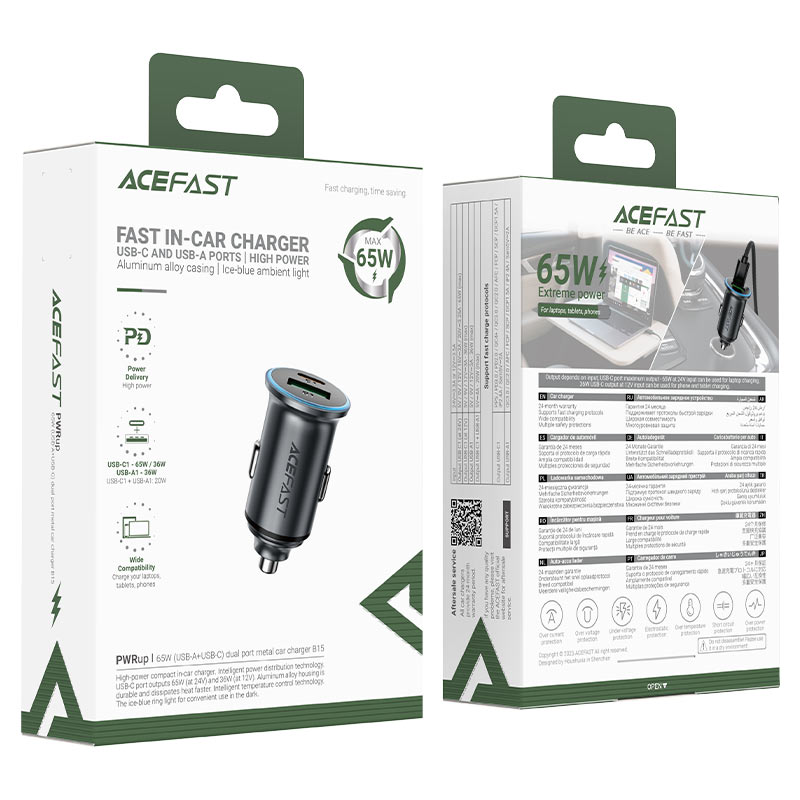 Автомобилен заряден уред Acefast B15, 65W, 3.25A, 1 X USB-A - 1 x USB-C, Сив