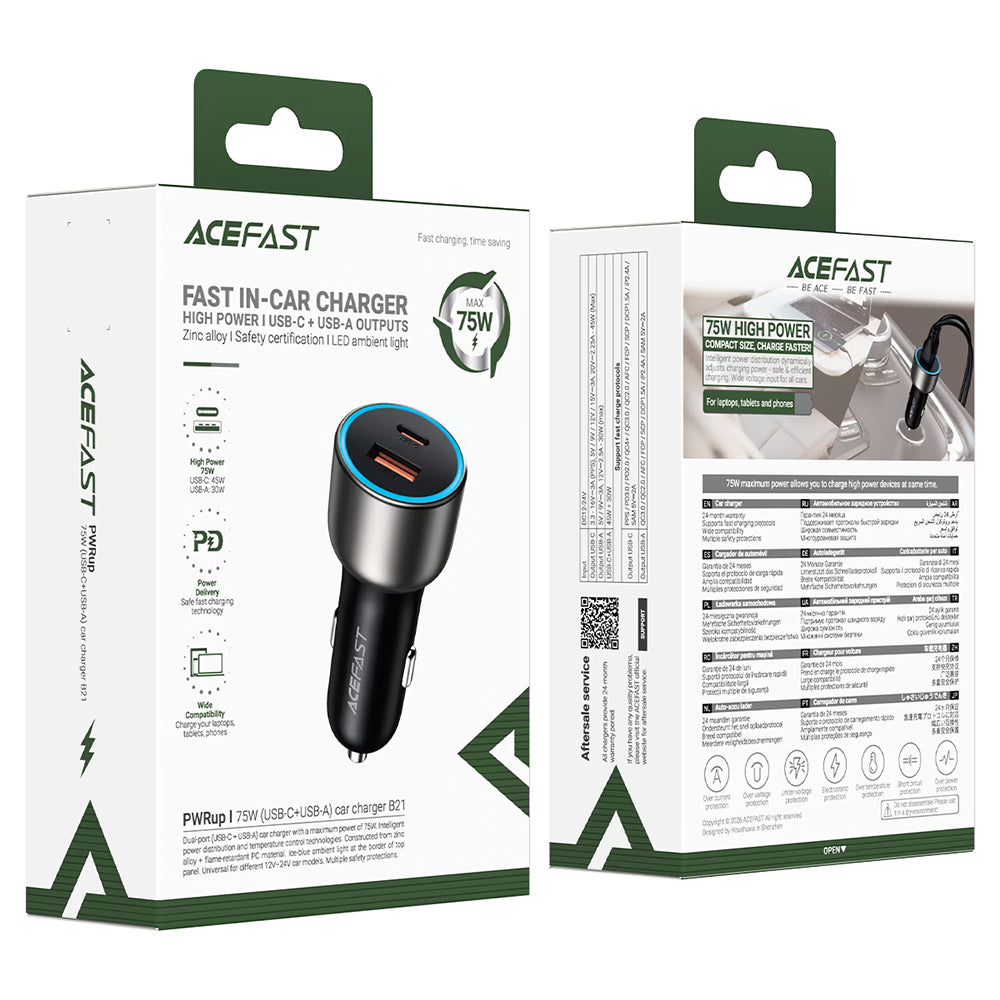 Автомобилен зарядно Acefast B21, 75W, 3A, 1 x USB-A - 1 x USB-C, Сив