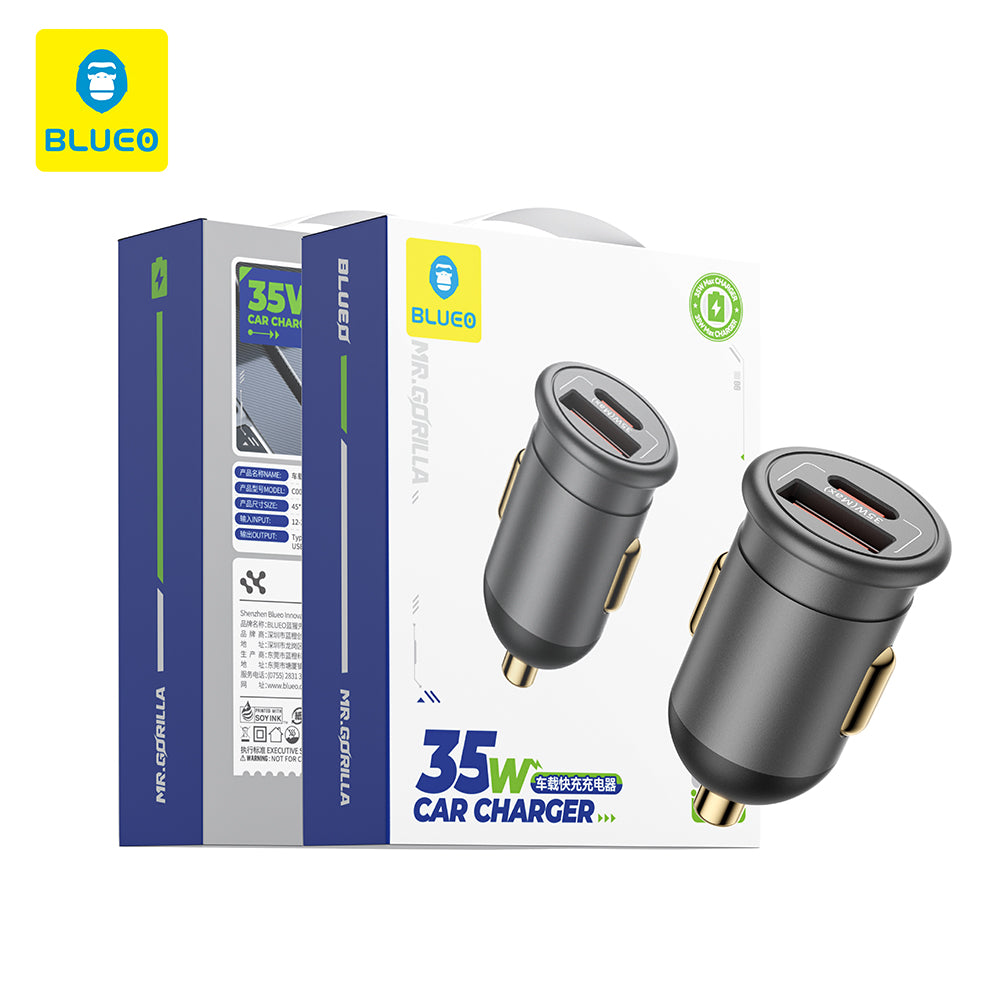 Автомобилен заряден уред Blueo, 35W, 3A, 1 x USB-A - 1 x USB-C, Сив