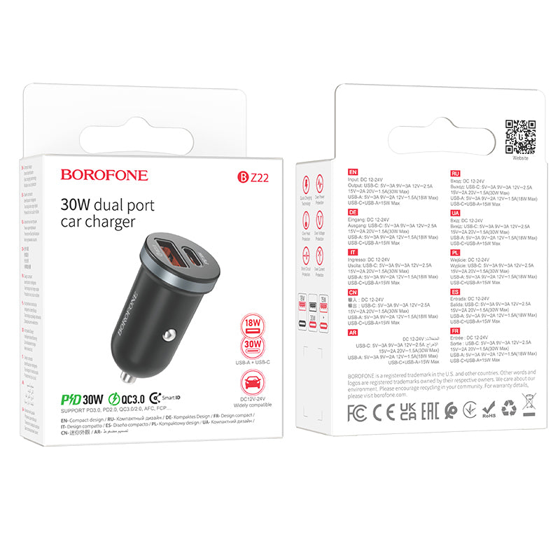 Зарядно за кола Borofone BZ22 Scenery, 30W, 3A, 1 x USB-A - 1 x USB-C, черно