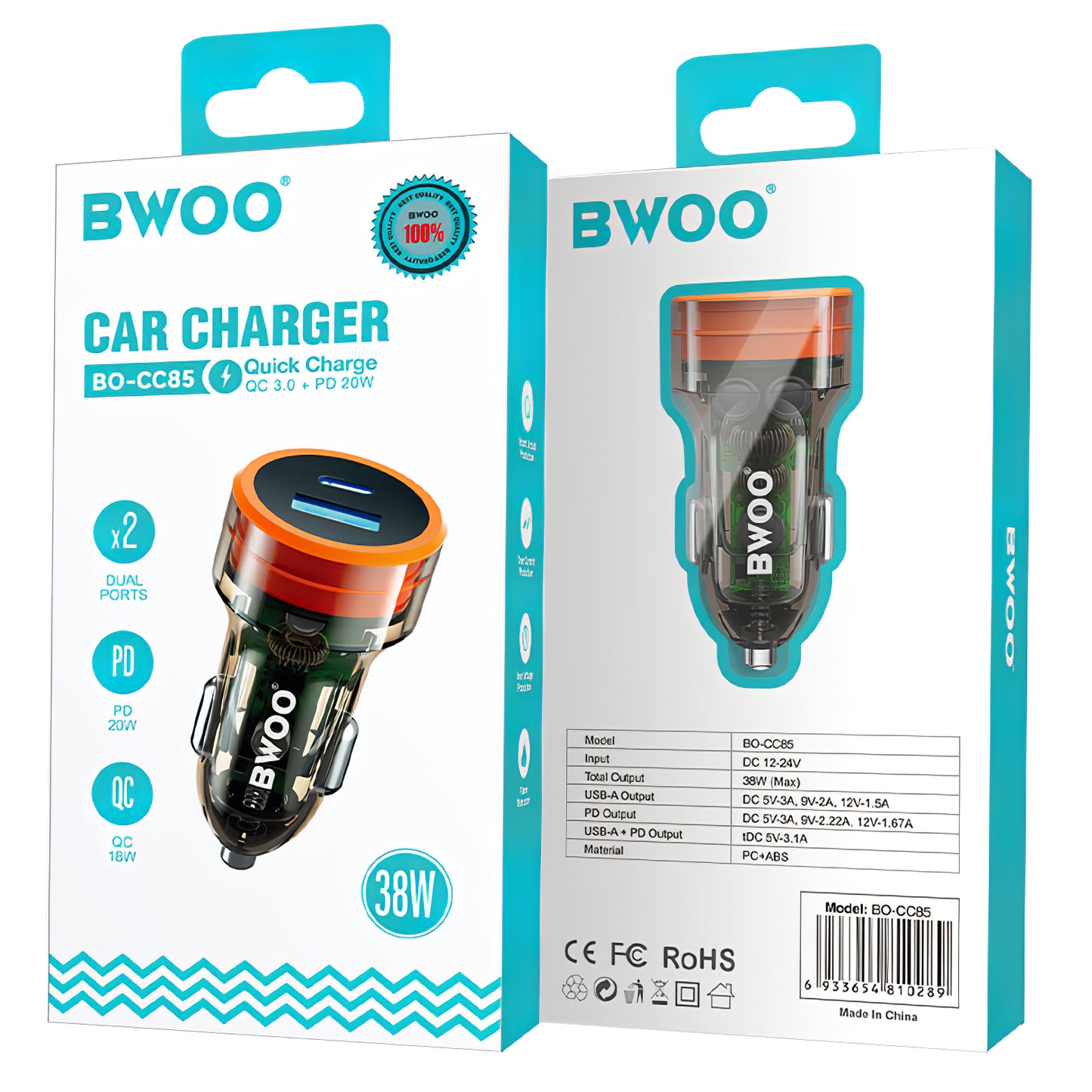 Зарядно за кола BWOO BO-CC85, 38W, 3A, 1 x USB-A - 1 x USB-C, черно