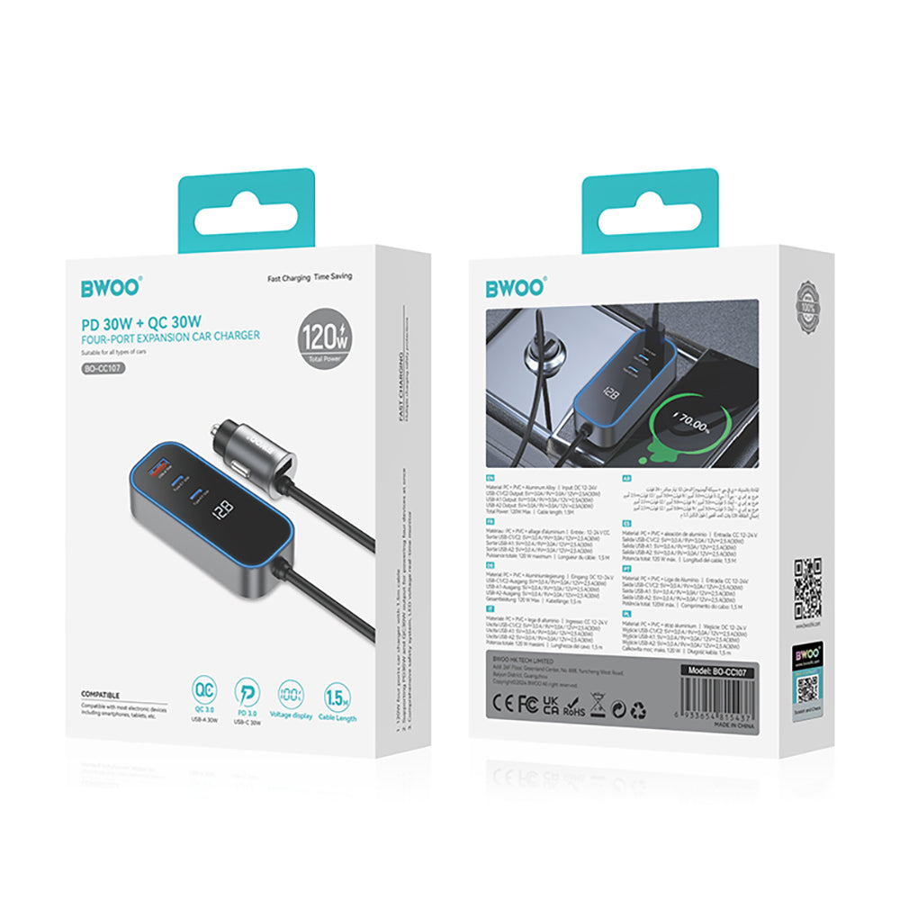 BWOO CC107 Car Charger Display, 120W, 3A, 2 x USB-A - 2 x USB-C, Black