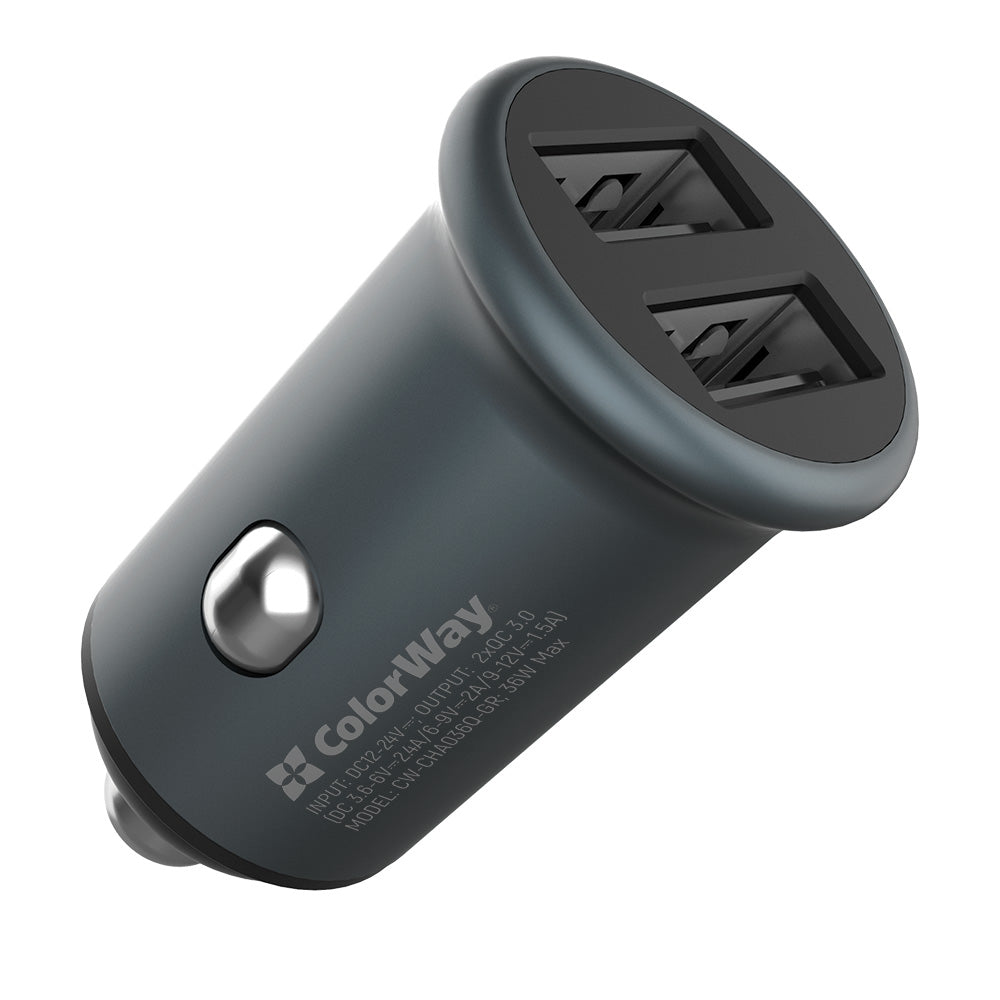 Автомобилен заряден уред ColorWay, 36W, 3A, 2 x USB-A, Сив