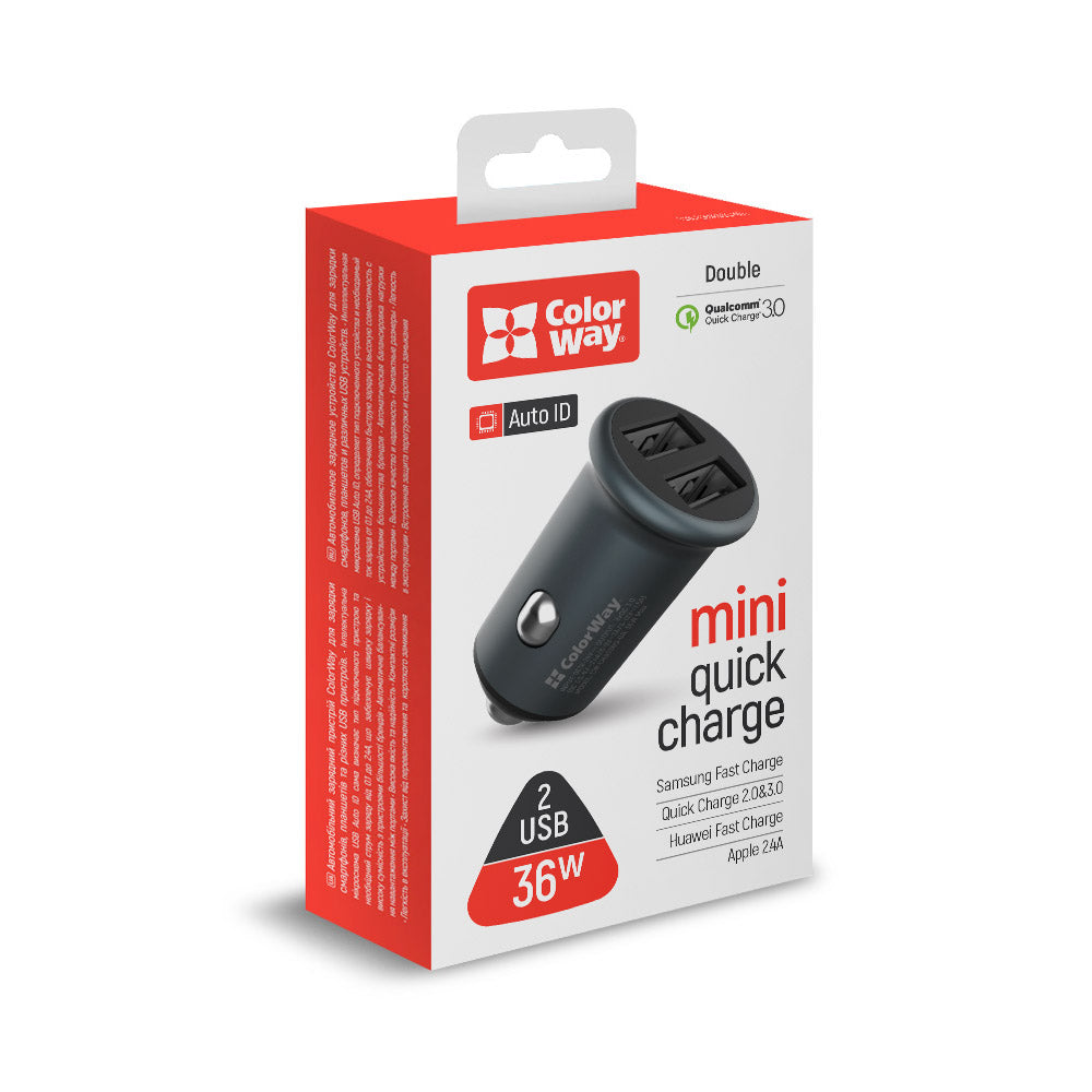 Автомобилен заряден уред ColorWay, 36W, 3A, 2 x USB-A, Сив