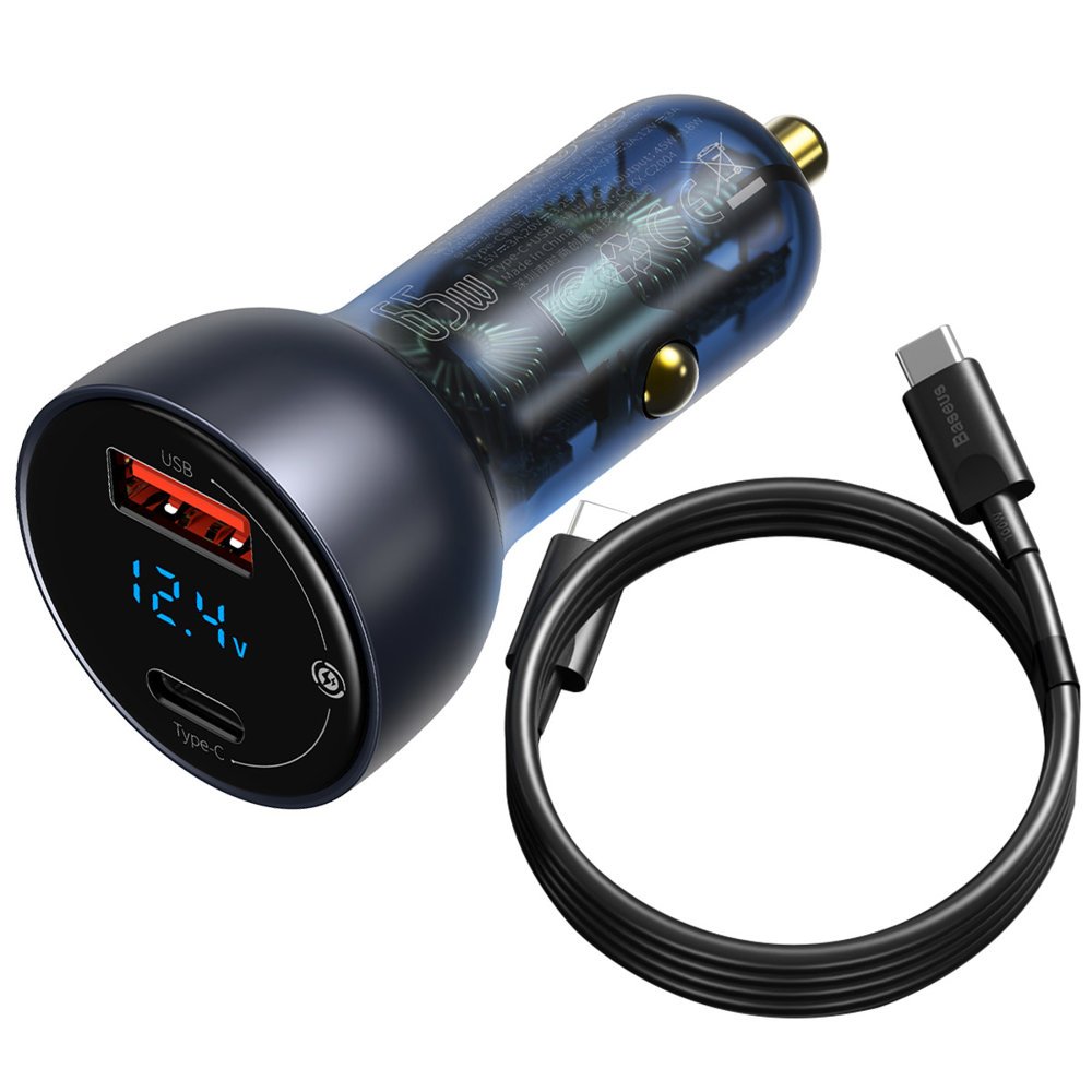 Автомобилно зарядно с USB-C кабел Baseus Digital Display, 65W, 5A, 1 x USB-A - 1 x USB-C, Черно TZCCKX-0G