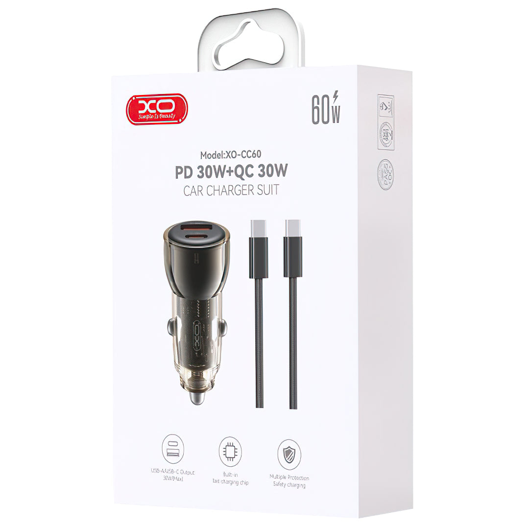 Автомобилен заряден уред с USB-C кабел XO Design CC60, 60W, 3A, 1 x USB-A - 1 x USB-C, Черен
