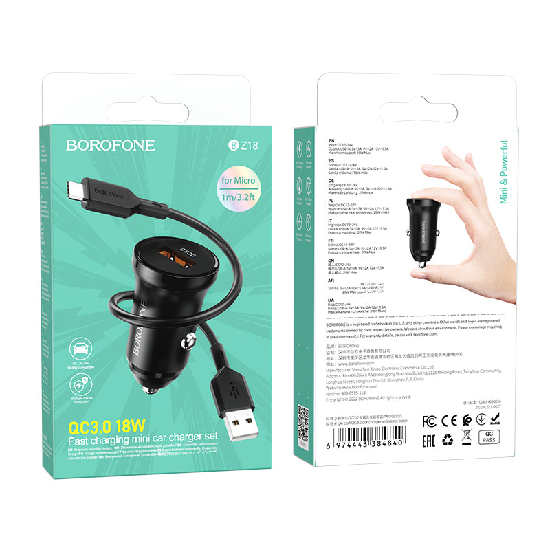 Автомобилен заряден уред с microUSB кабел Borofone BZ18, 18W, 3A, 1 x USB-A, Черен