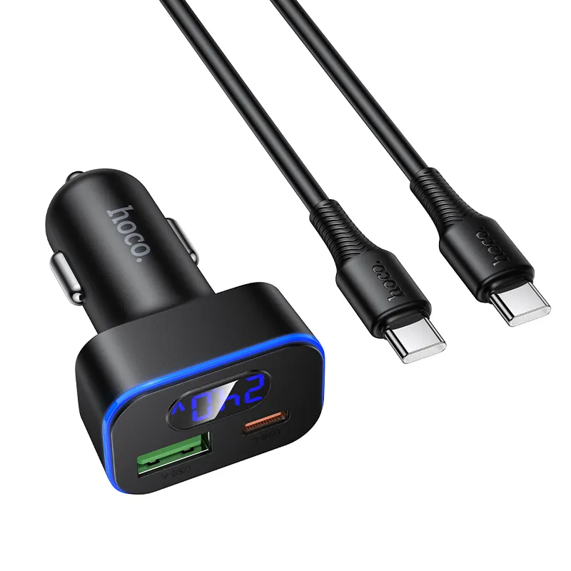 Автомобилен заряден уред с USB-C кабел HOCO Z63B Display, 48W, 3A, 1 x USB-A - 1 x USB-C, Черен