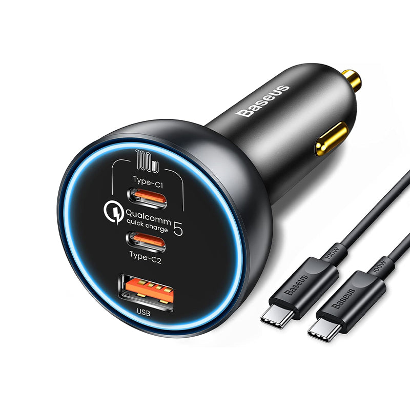 Зарядно за кола с USB-C кабел Baseus Qualcomm, 160W, 3A, 1 x USB-A - 2 x USB-C, сиво TZCCZZM-0G