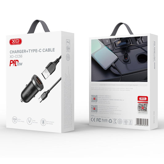 Автомобилен заряден уред с USB-C кабел XO Design CC56, 30W, 3A, 1 x USB-A - 1 x USB-C, Черен