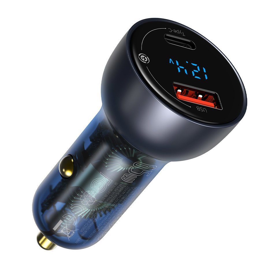 Автомобилно зарядно с USB-C кабел Baseus Digital Display, 65W, 5A, 1 x USB-A - 1 x USB-C, Черно TZCCKX-0G