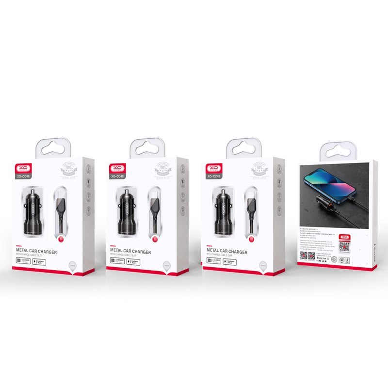 Автомобилен заряден уред с USB-C кабел XO Design CC48, 12W, 2.4A, 2 x USB-A, Сив
