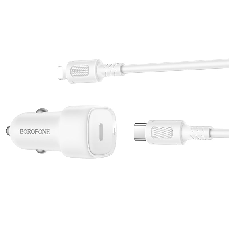 Автомобилен заряден уред с кабел Lightning Borofone BZ34B Cloud, 20W, 3A, 1 x USB-A - 1 x USB-C, Бял