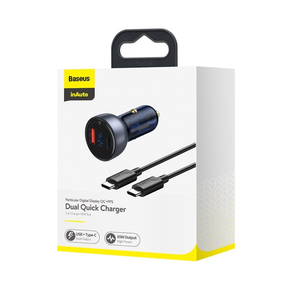 Автомобилно зарядно с USB-C кабел Baseus Digital Display, 65W, 5A, 1 x USB-A - 1 x USB-C, Черно TZCCKX-0G