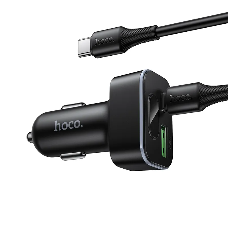 Автомобилен заряден уред с USB-C кабел HOCO Z63B Display, 48W, 3A, 1 x USB-A - 1 x USB-C, Черен