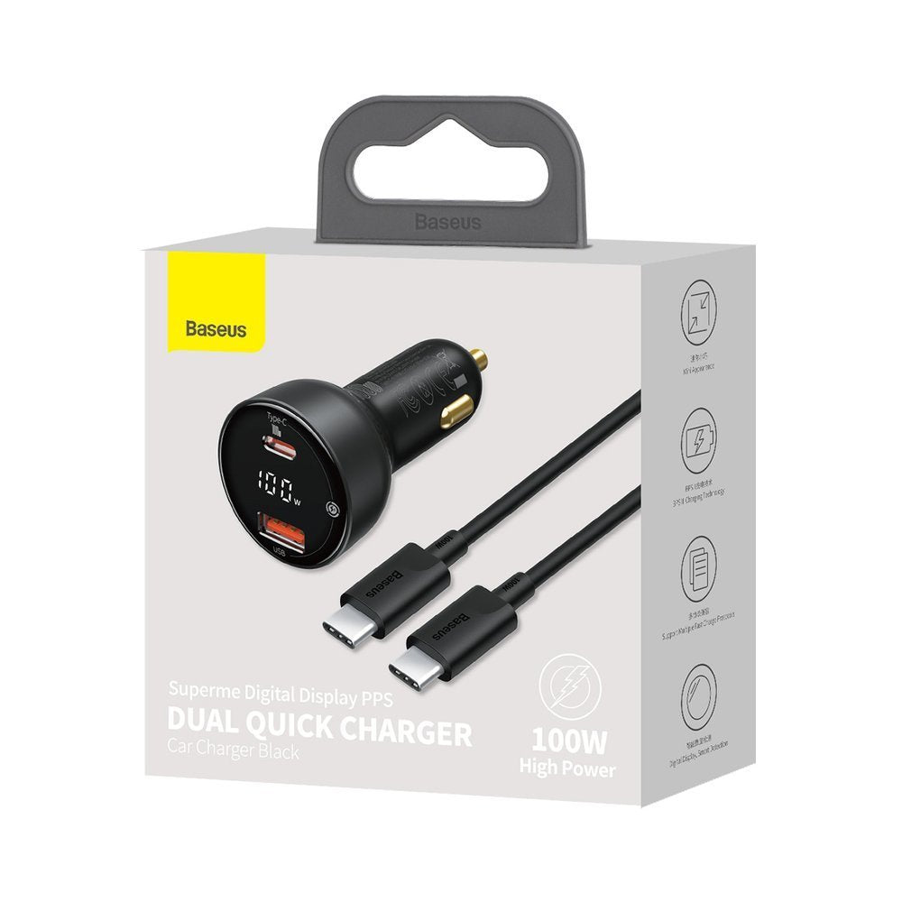 Автомобилен заряден уред с USB-C кабел Baseus Superme, 100W, 5A, 1 x USB-A - 1 x USB-C, Черен TZCCZX-01