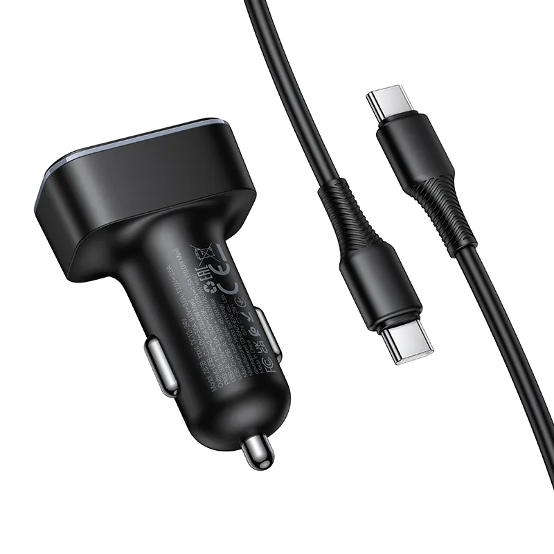Автомобилен заряден уред с USB-C кабел HOCO Z63B Display, 48W, 3A, 1 x USB-A - 1 x USB-C, Черен