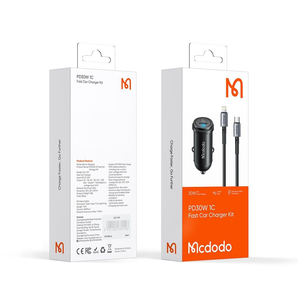 Автомобилен заряден уред с кабел Lightning McDodo CC-7492 Obsidian, 30W, 3A, 1 x USB-C, Черен