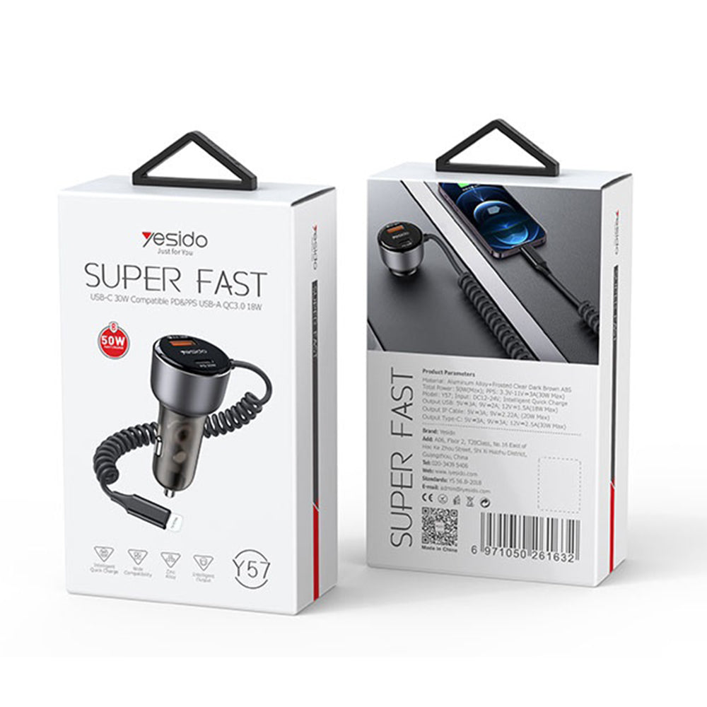 Автомобилен заряден уред с Lightning кабел Yesido Y57, 50W, 3A, 1 x USB-A - 1 x USB-C, Черен