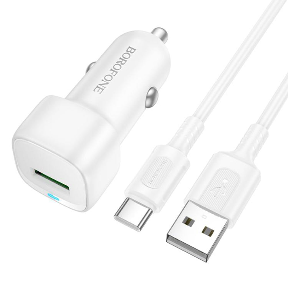 Автомобилен заряден уред с USB-C кабел Borofone BZ34 Cloud, 18W, 3A, 1 x USB-A, Бял