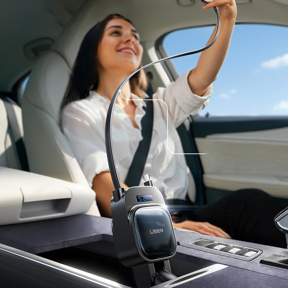 Автомобилен заряден уред с USB-C / Lightning кабел Lisen Display, 96W, 3A, 1 x USB-A - 1 x USB-C, Черен YL0224080017