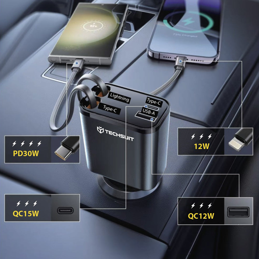 Car Charger with USB-C / Lightning Cable Techsuit C1 NanoVoltX, 69W, 3A, 1 x USB-A - 1 x USB-C, Gray