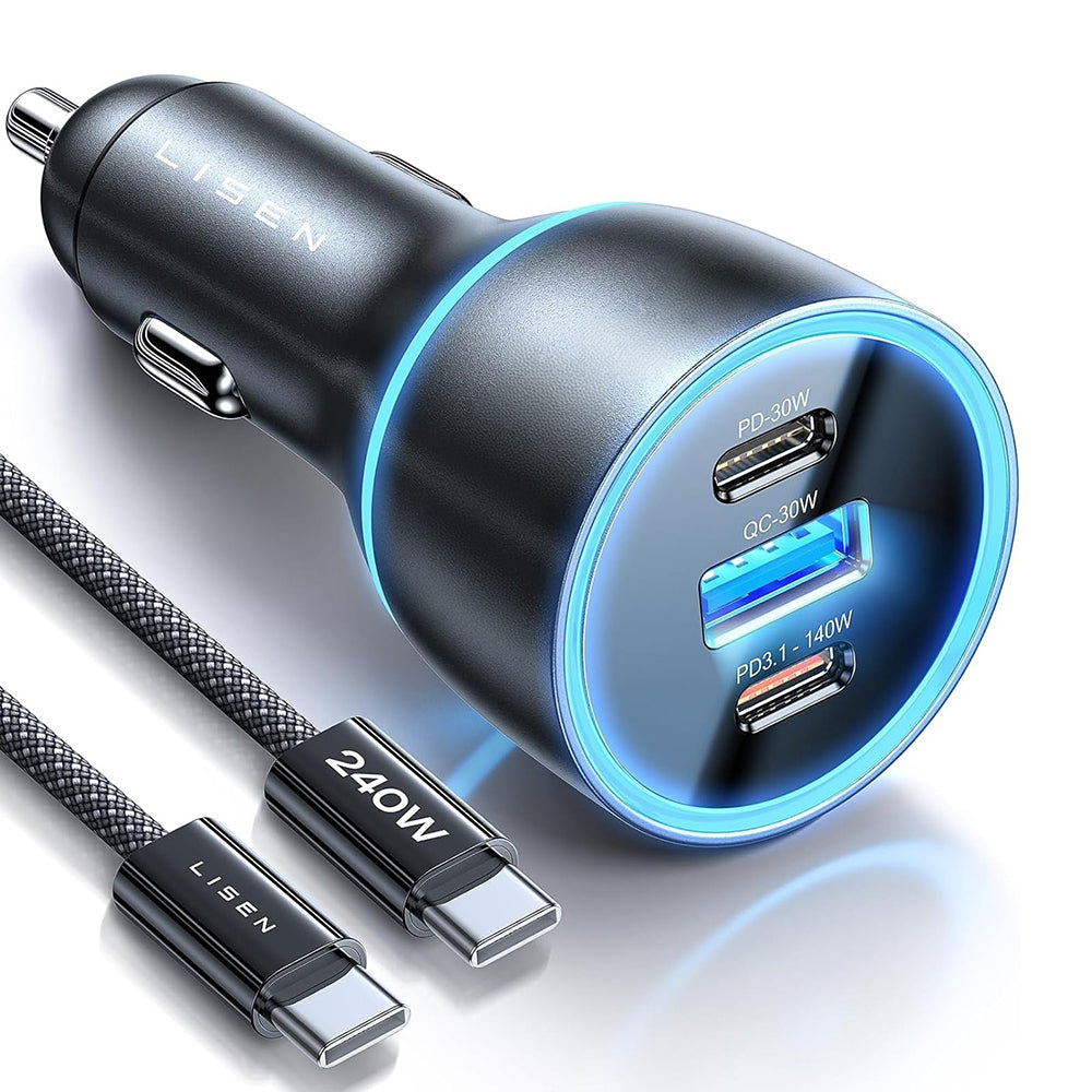Автомобилен заряден уред с USB-C кабел Lisen, 170W, 5A, 1 x USB-A - 2 x USB-C, Черен YL0224010001