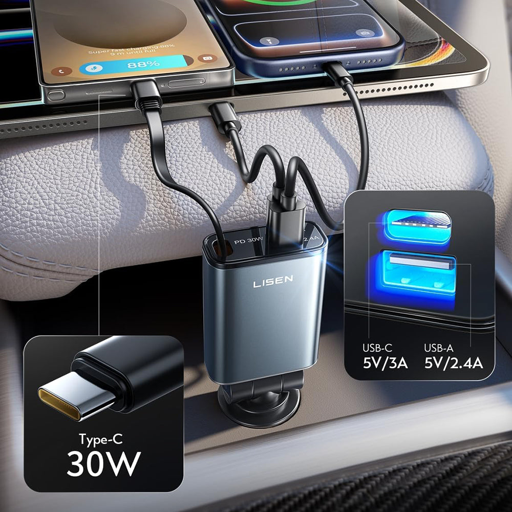 Автомобилен заряден уред с USB-C кабел Lisen, 57W, 3A, 1 x USB-A - 1 x USB-C, Черен YL0325010016