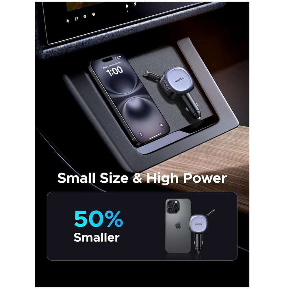 Автомобилен заряден уред с USB-C кабел UGREEN EC601, 75W, 3A, 1 x USB-A - 1 x USB-C, Сив