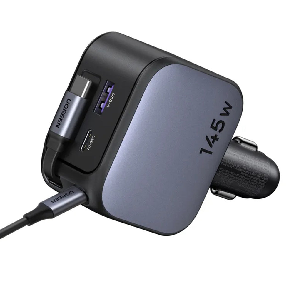 Автомобилен заряден уред с USB-C кабел UGREEN EC604 (55910B) Nexode, 145W, 1 x USB-A - 2 x USB-C, Черен