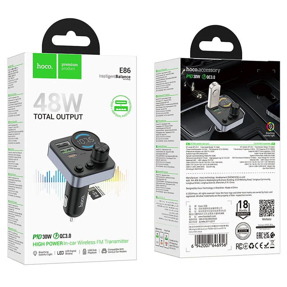 HOCO E86 Bluetooth FM Modulator, 2 x USB-A - 1 x USB-C - 1 x microSD