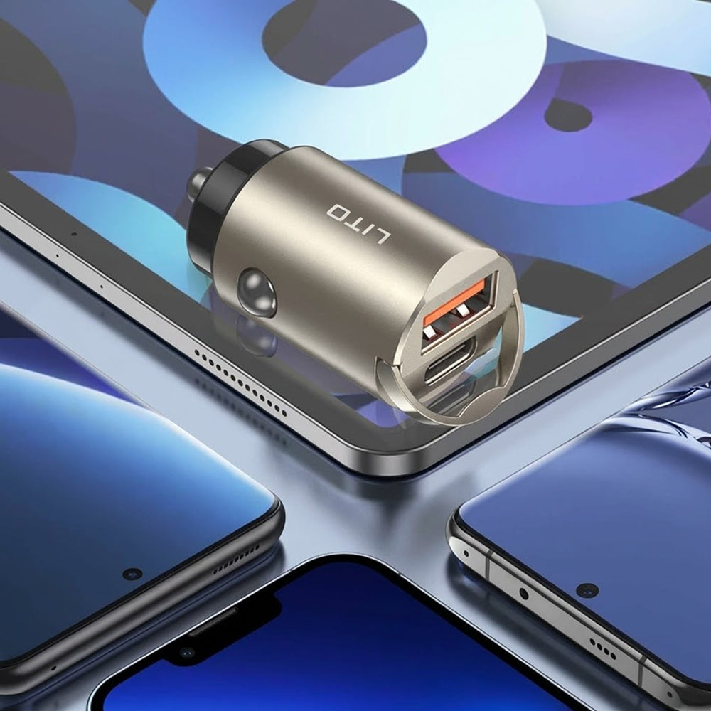 Автомобилен заряден уред Lito IN-C03, 30W, 3A, 1 x USB-A - 1 x USB-C, Сив