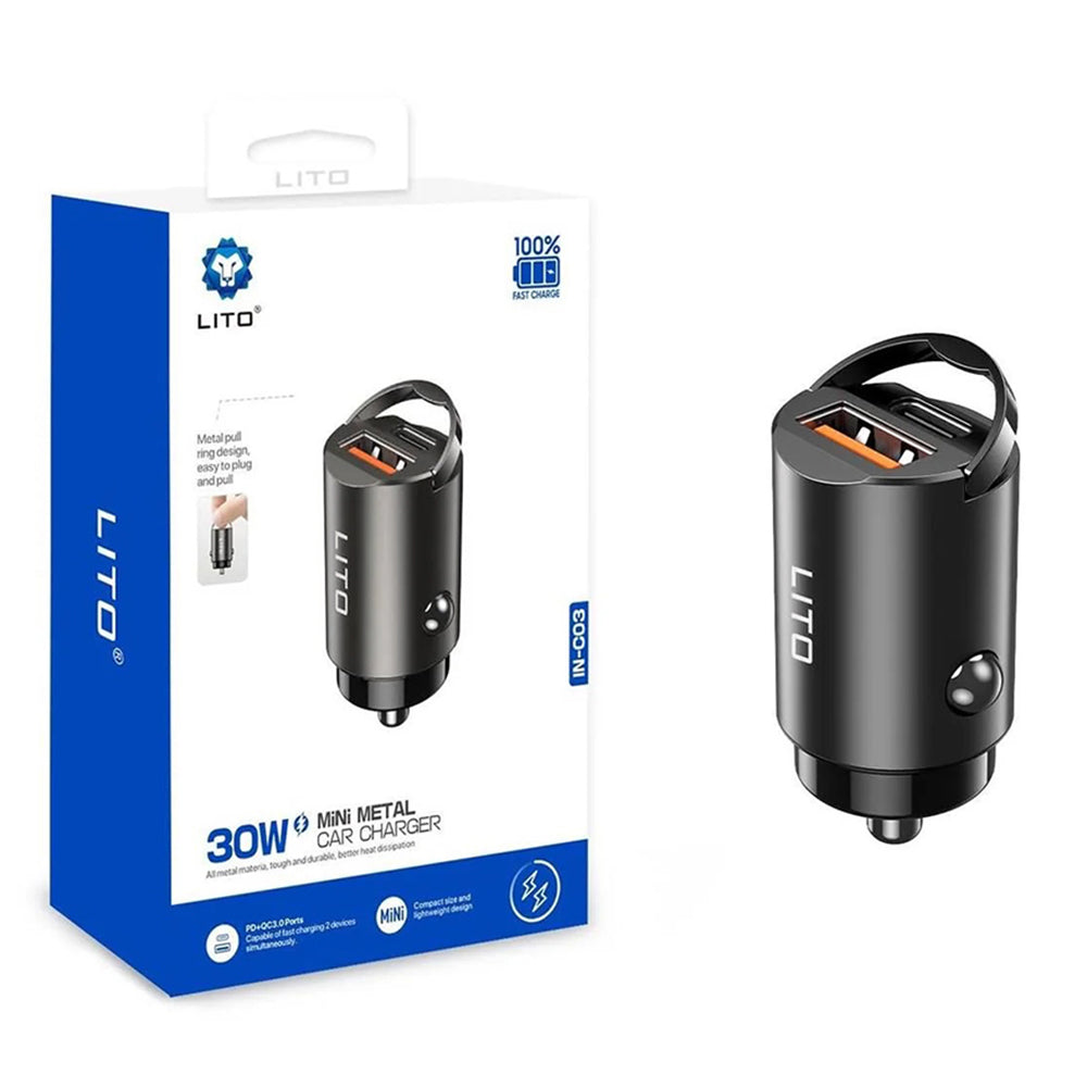 Автомобилен заряден уред Lito IN-C03, 30W, 3A, 1 x USB-A - 1 x USB-C, Черен