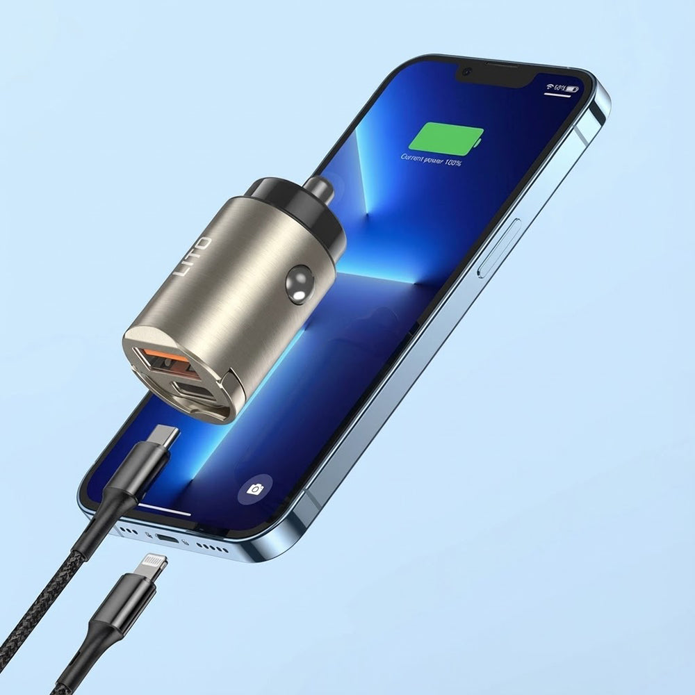 Автомобилен заряден уред Lito IN-C03, 30W, 3A, 1 x USB-A - 1 x USB-C, Черен
