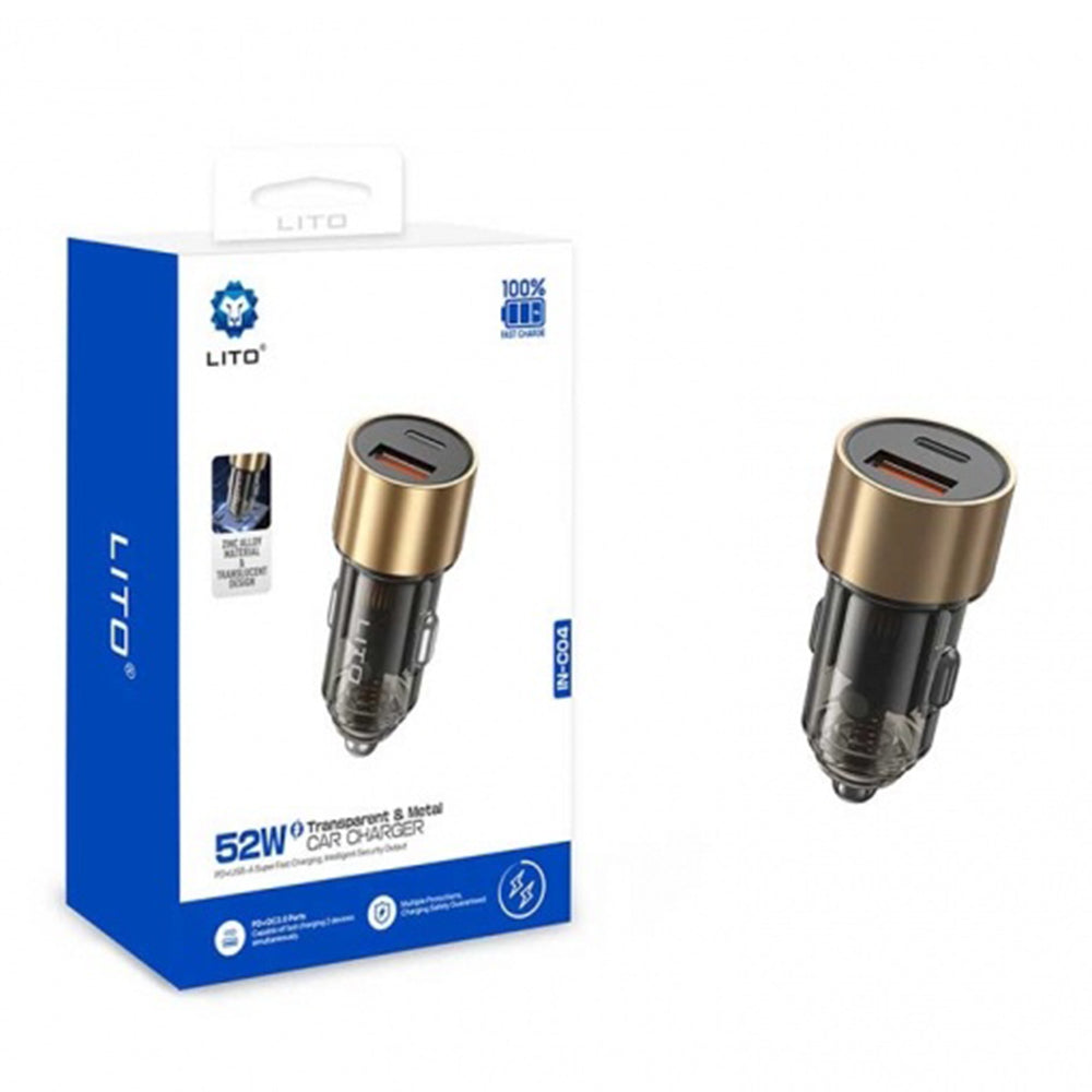 Автомобилен заряден уред Lito IN-C04, 52W, 3A, 1 x USB-A - 1 x USB-C, Черен